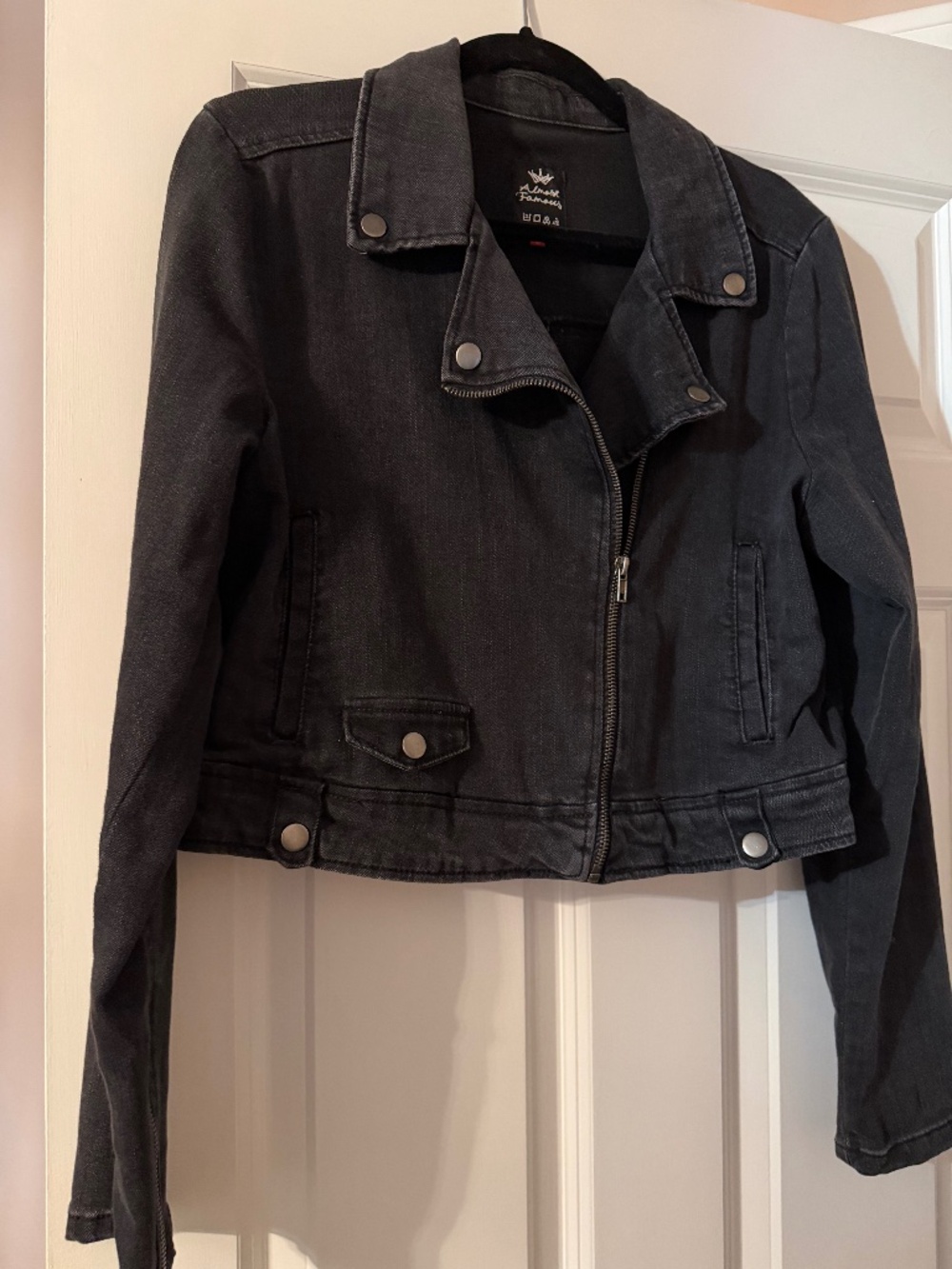 Almost Famous Denim Cropped Motorcycle Jacket